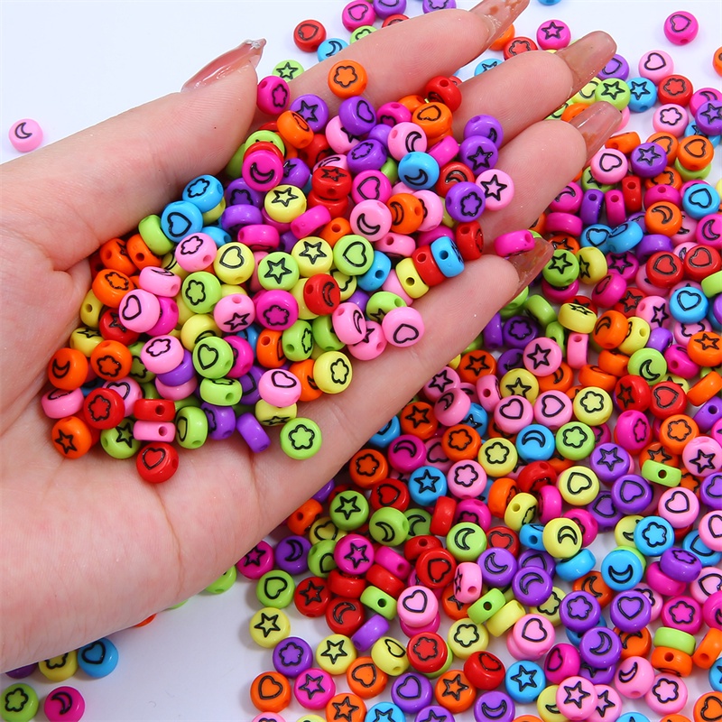 100pcs 7mm Colorful Mixed Flower Star Moon Heart Acrylic Beads Round Flat Loose Spacer Beads For Diy Jewelry Making Bracelet