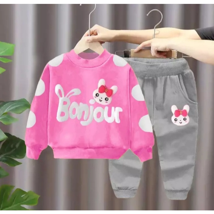 Promo-Cod Setelan Baju Sweater Bebyterrry Flecce Anak Perempuan Usia 1-6 Tahun/Setelan Sweater Jogger Anak Motif Bear Bounjur Terbaru Terlaris