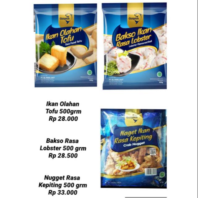 

Giziplus Ikan Olahan Tofu / Bakso Ikan Rasa Lobster / Naget Ikan Rasa Kepiting