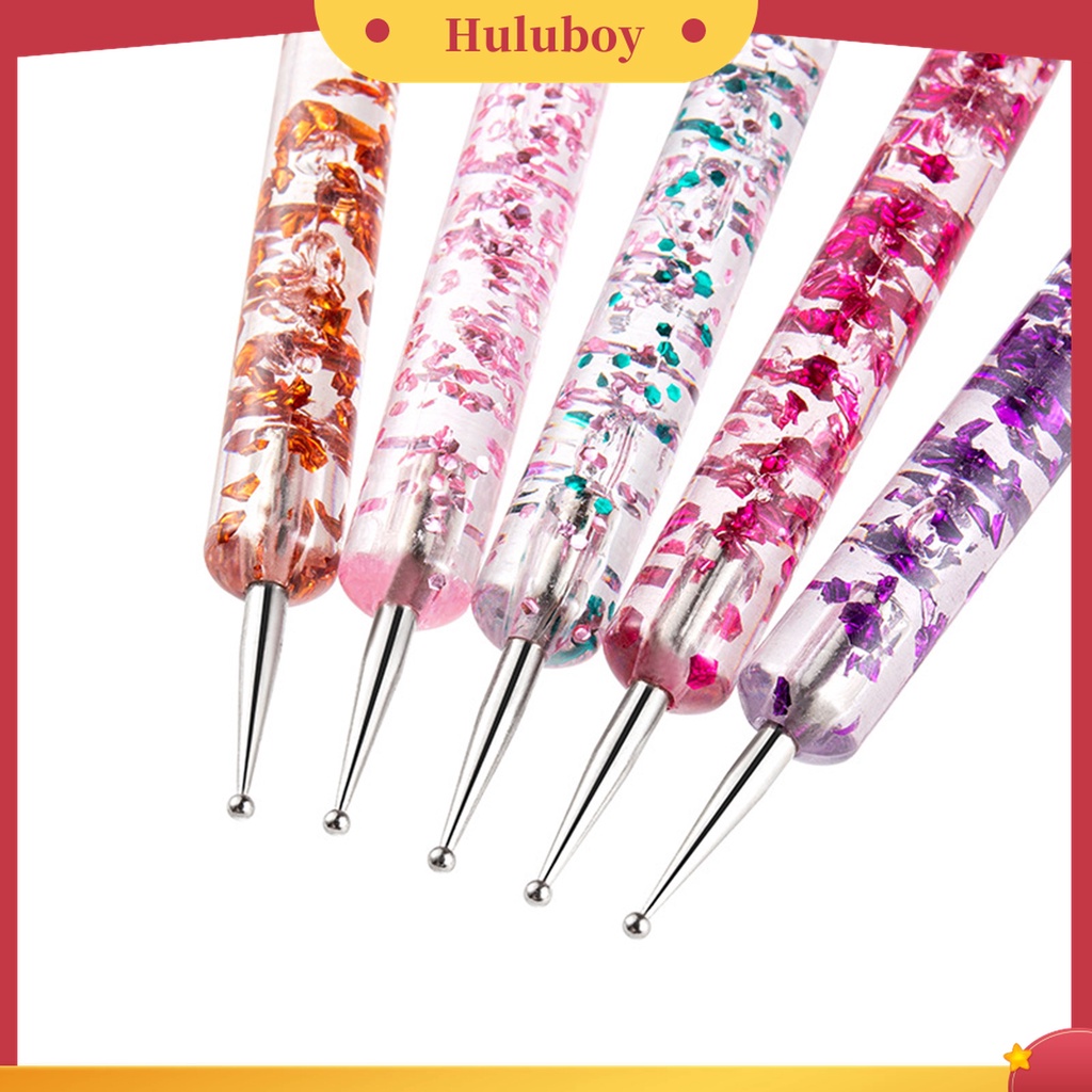 Huluboy Huluboy♡ 5pcs / Set Dotting Pen Kepala Ganda Bahan Akrilik UV Gel Motif Print Bunga Untuk Manicure