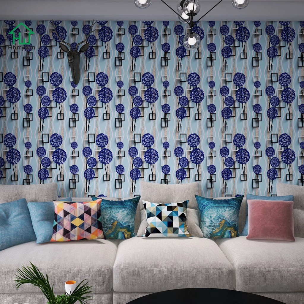 Wallpaper Dinding Motif Daun 3D Biru Kotak