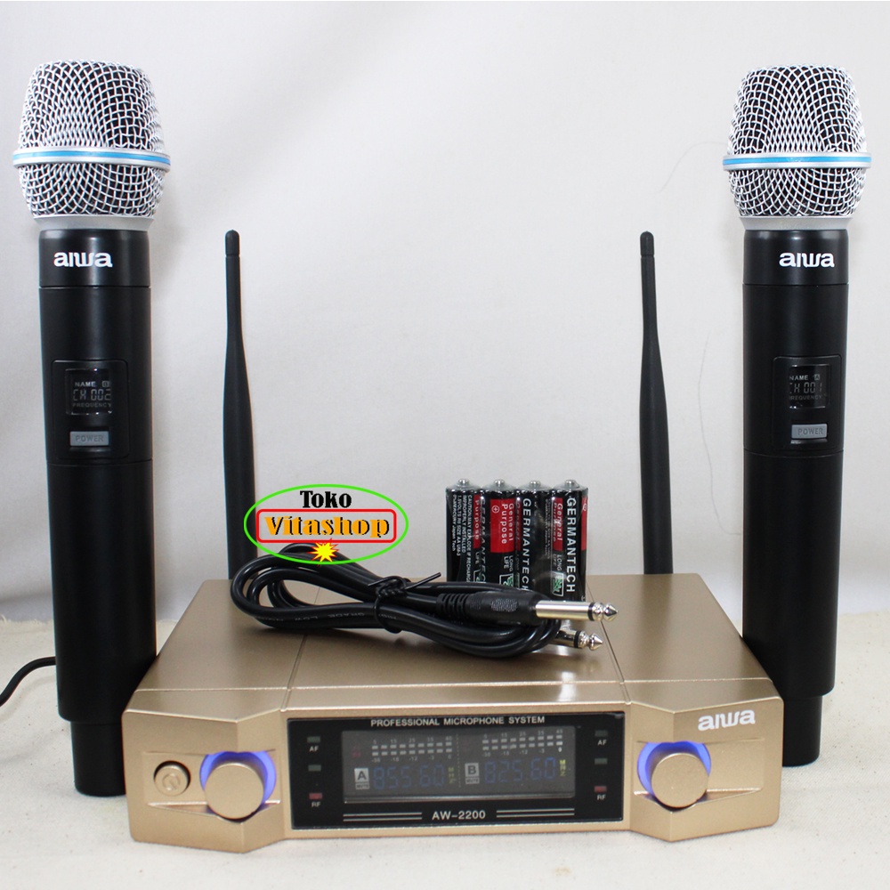 MIC Wireless Aiwa AW-2200 Microphone Wairles 2 Handle Mik Karaoke Vocal Bagus