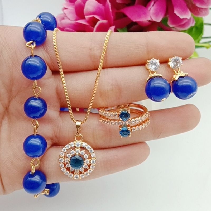 set permata biru gelang giok lapis emas terbaru ready