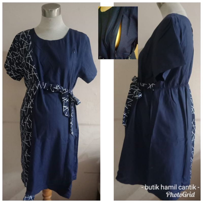 Baju tunik Dress Hamil menyusui kantor kerja hitam biru navy katun kode 8323