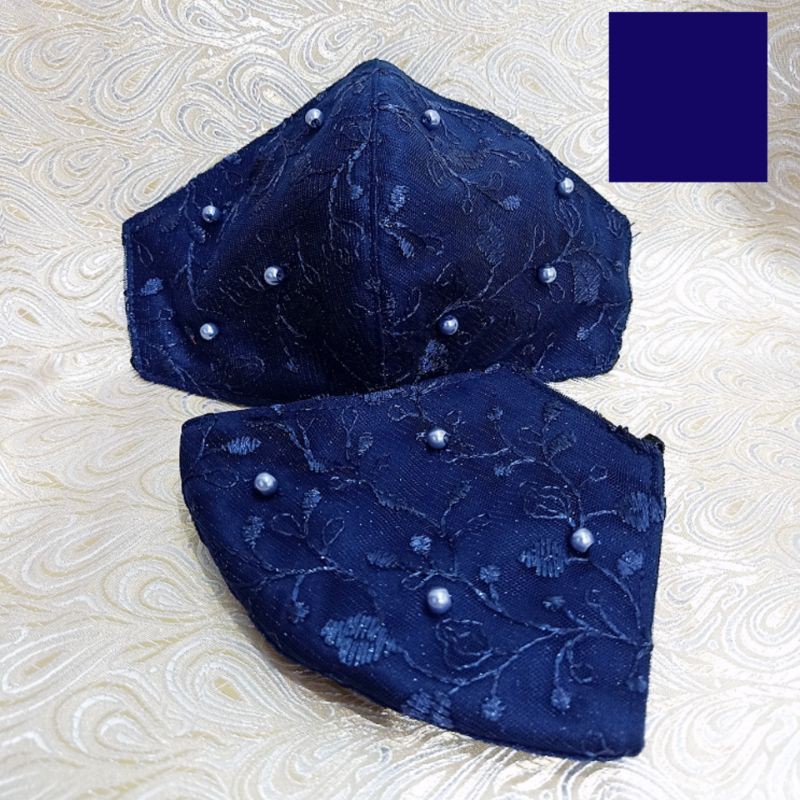  Masker  Kain Biru Navy Brokat Renda  Mutiara Fashion 3 Lapis 