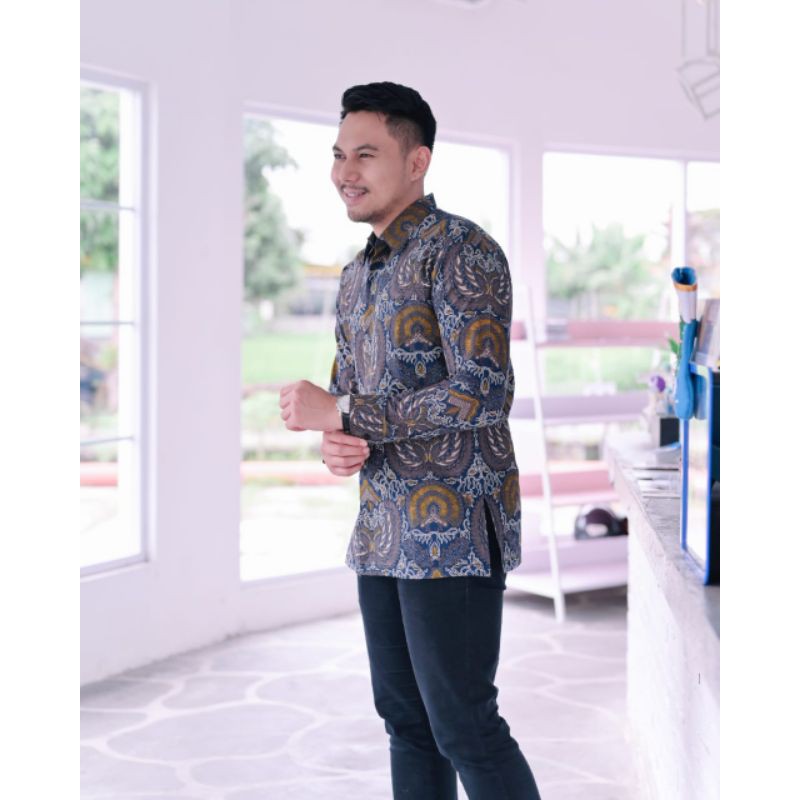 KEMEJA BATIK PREMIUM Batik lengan panjang gondrowaru navy katun halus baturaden reguler fit