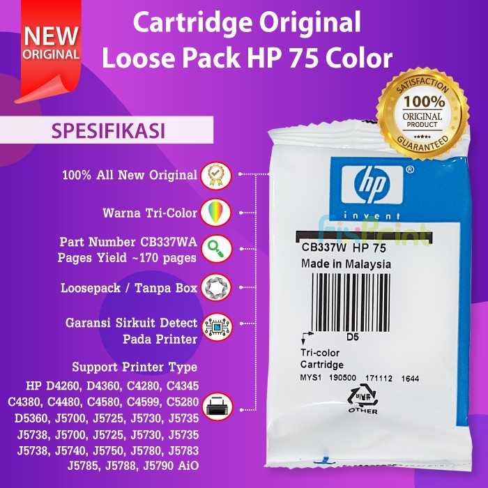 33D Ink Cartridge Original HP 75 Printer Officejet J5700 Photosmart C5200