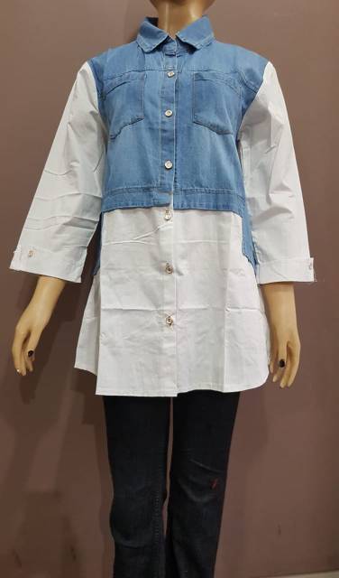 YULI - Atasan Kemeja Jeans Wanita Kombinasi Lengan 3/4 (kode 64)