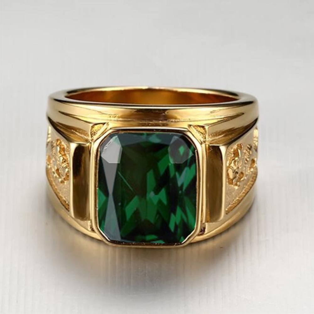 18rb Emas Batu permata Baja Titanium Pria hijau Kristal Perhiasan Satwa Naga Zamrud Cincin Rings