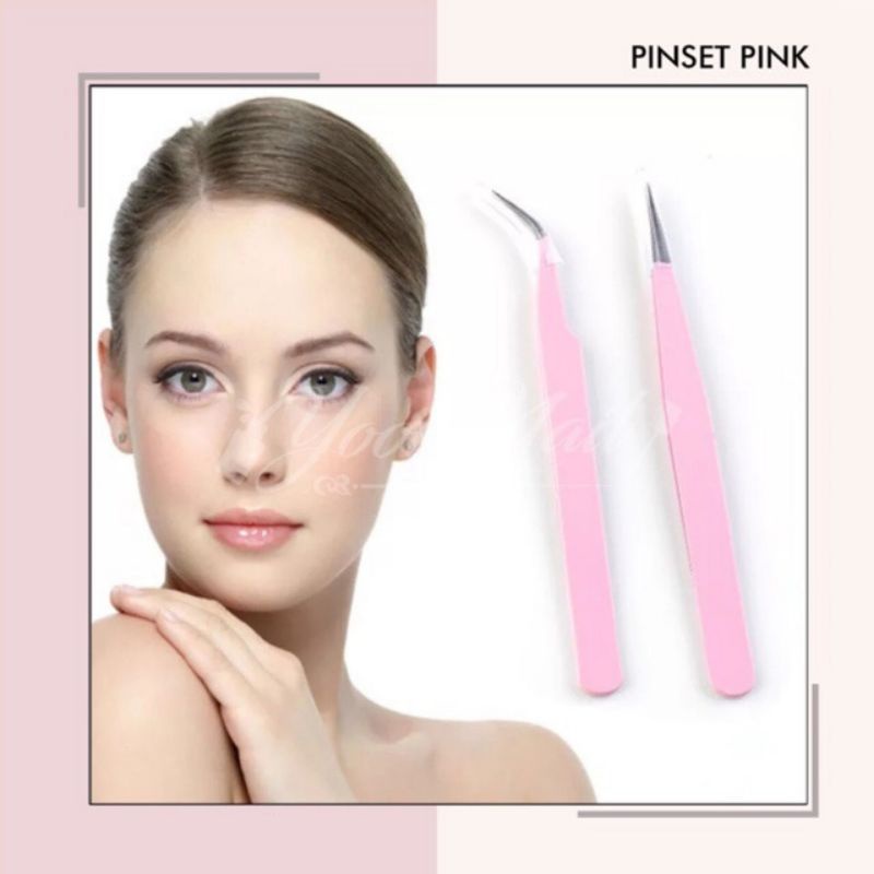 Pinset pink biasa lurus bengkok lancip tweezers nail art pinset eyelash extension