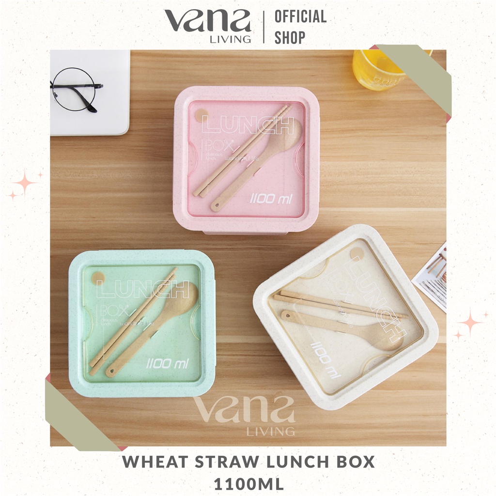 Vana Tempat Makan Jerami Gandum Lunch Box 3 Color 1100 ML with Free Peralatan Sendok Sumpit BPA Free Cocok Untuk Makanan Anak Kantor