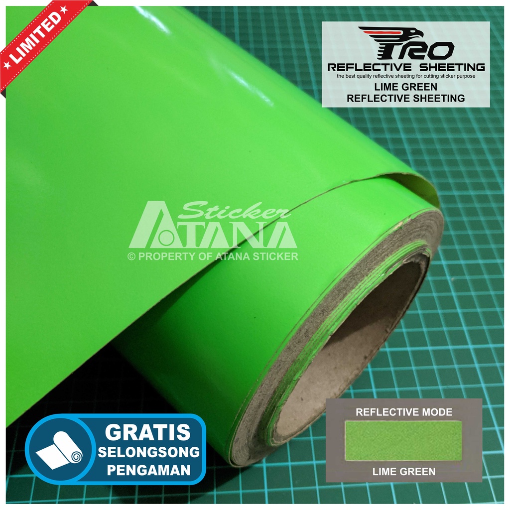 Bahan Stiker Cutting Hijau Skotlet Reflektif Fosfor Green Pro Reflective Sheeting Prolite Nyala Printing Sticker Material Scotchlite Scolite Scotlet Sechotlite Memantulkan Cahaya Flash Malam Hari Mata Kucing Mesin Plotter