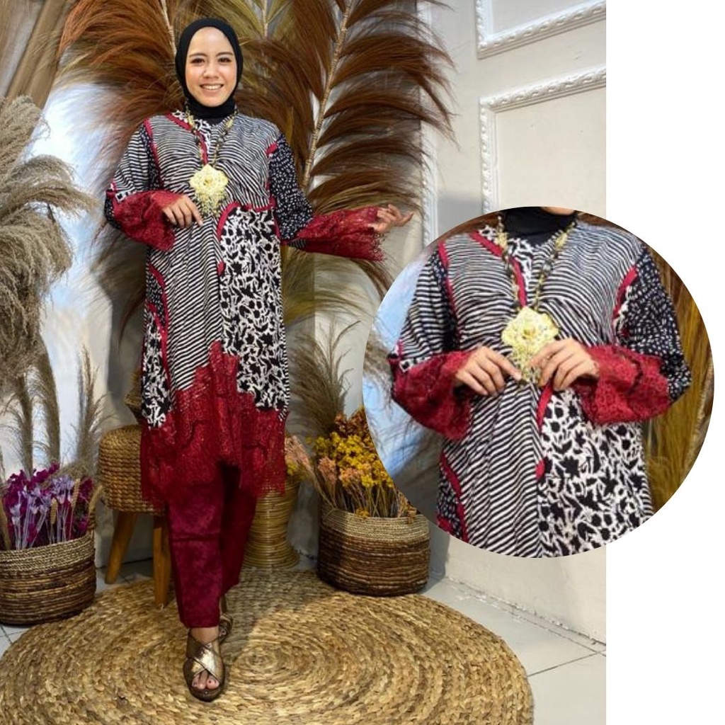 Setelan Batik Wanita | Batik Kondangan Viscose | Set Celana Batik | Set Malay Renda Lace - Modeluv