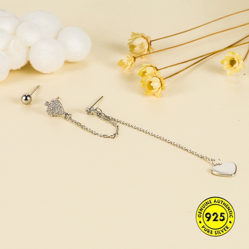 Anting Tusuk Asimetris Bahan Sterling Silver 925 Desain Hati Untuk Wanita