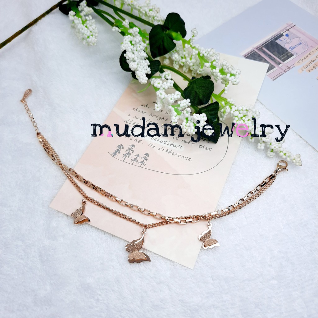 Gelang Rantai Titanium Dua Leyer Dengan 3 Kupu-Kupu Tersedia Warna Rose Gold,  Gold dan Silver