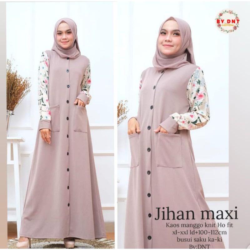Long dress kaos mango knit full kancing gamis casual maxy busui lengan motif Jihan Maxi