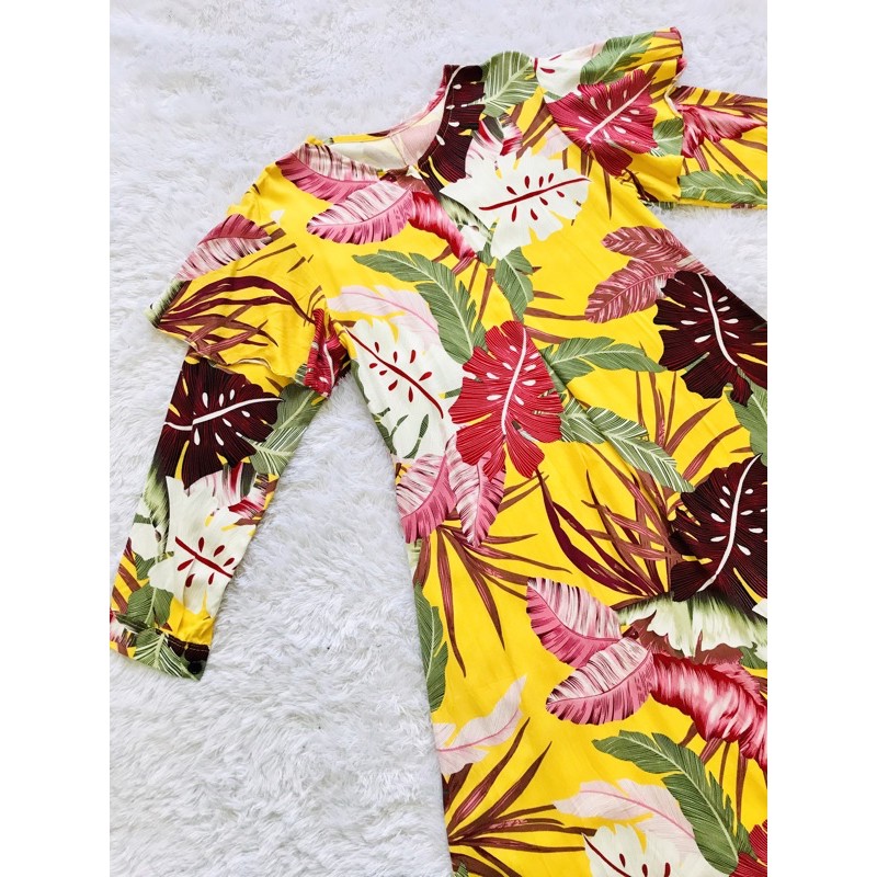 eucalia SOPHIE DRESS warna kuning - dress gamis busui friendly motif daun monstera