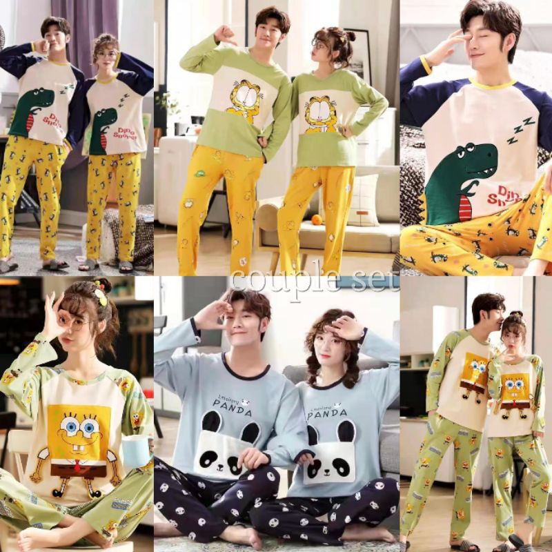 SETELAN SET PIYAMA BAJU  TIDUR  COUPLE PASANGAN SUAMI ISTRI  SEKELUARGA PP KATUN IMPORT LENGAN PANJA