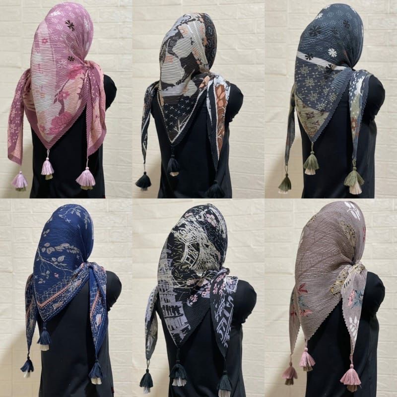 Kerudung Segi Empat PLISKET Motif BANDUL POMPOM Jilbab Voal Motif Plisket Lidi Terbaru Daily Hijab by wahyu hijab