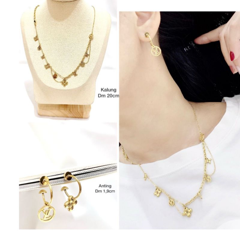 Kalung dan Anting Titanium asli Gold motif elv Premium Quality Anti karat anti alergi Necklace Stainless Steel ori T011