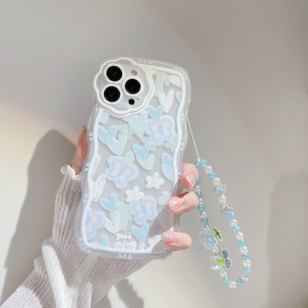 IPHONE Musim Panas Biru Muda Cinta Hati Perlindungan Penuh Casing Ponsel Cover Dengan Manik-Manik Anti Hilang Rantai Untuk Iphone7 8 PLUS X XR XS 11 12 13 14 PRO MAX SE 2020