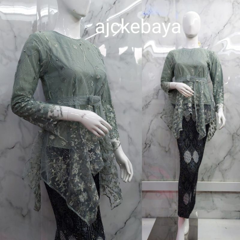 Kebaya Tille/Gomes Pita/Kebaya Modern/Setelan Kebaya Brokat/Kebaya Couple/Kebaya Terbaru-Abu sage