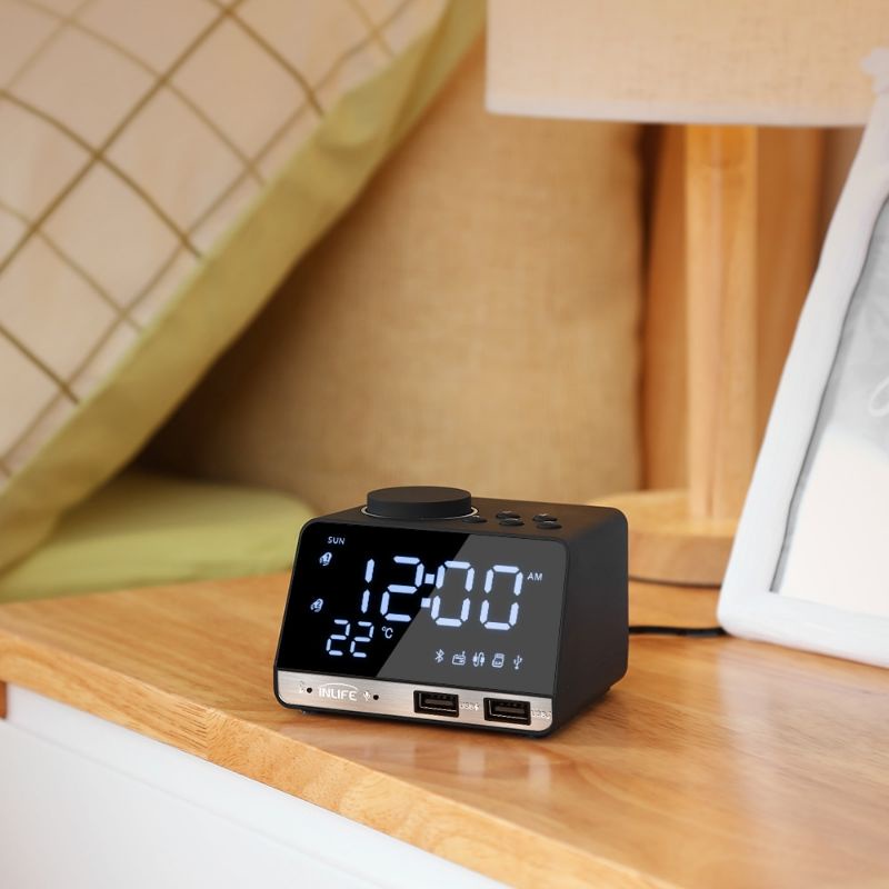 Jam Meja Bluetooth Speaker Alarm Clock FM Radio Dual USB Charge TF Card - Black