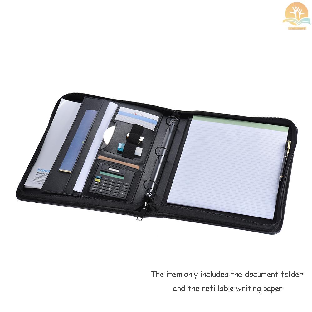 Multifunctional Professional Business Portfolio Padfolio Folder Document Case Organizer A4 PU Leather Zippered Closure Loose-leaf Loop with Calculator Business Card Holder Memo Note Pad