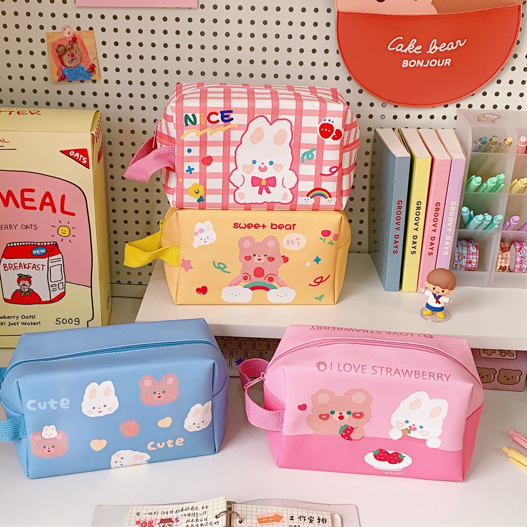

New Large Capacity Pen Bag Rabbit Bear Kawaii Leather Pencil Case School Supplies Pencil Bag Station