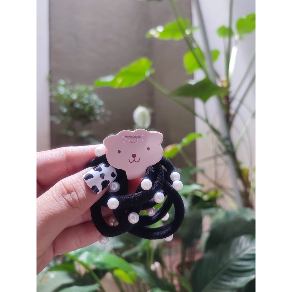 Ikat Rambut Korea Towel Ring Set ( isi 50pcs)-HITAM MUTIARA (5pcs)