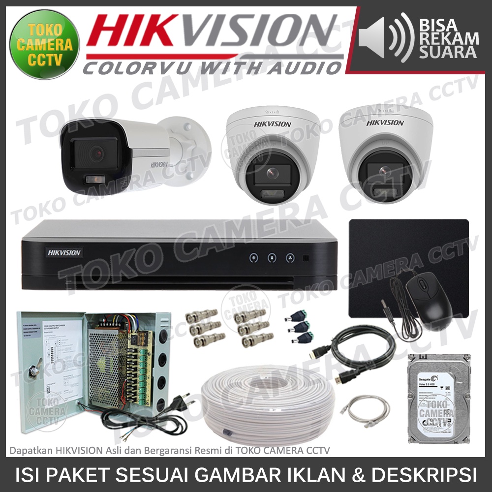 PAKET CCTV HIKVISION 5MP 3K COLORVU AUDIO 4 CHANNEL 3 KAMERA