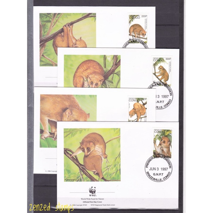 

F012 Perangko FDC Congo 1997 Fauna WWF - Golden Potto Set 4 Pcs
