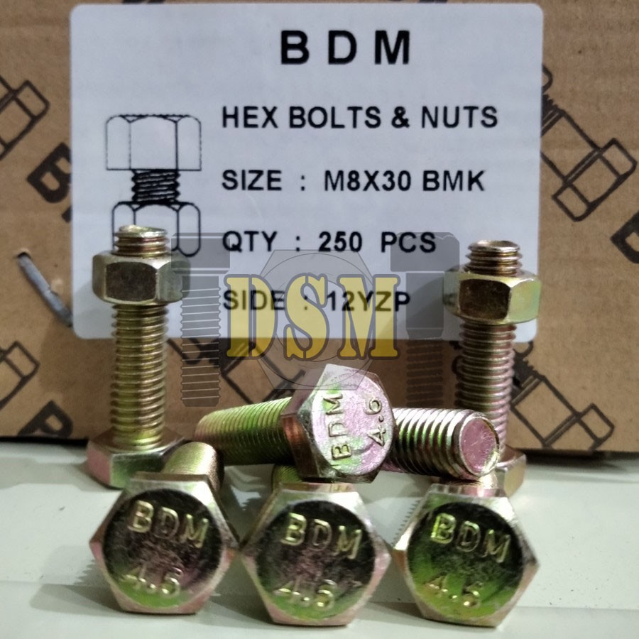 Grade 4.6 Baut 12 / Mur Baut Kuning 8x30 / BMK M8x30 Pitch 1,25