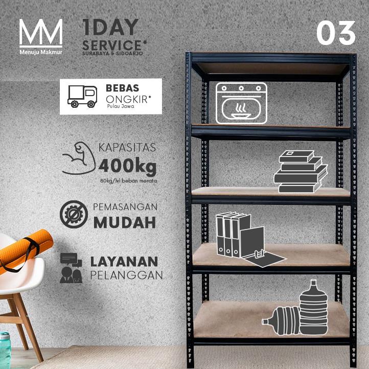 (03)Rak Besi Serbaguna 5 Susun 90X35X180Cm Boltless Mdf Rak Besi Susun Rak Besi Siku Rak Besi Gudang