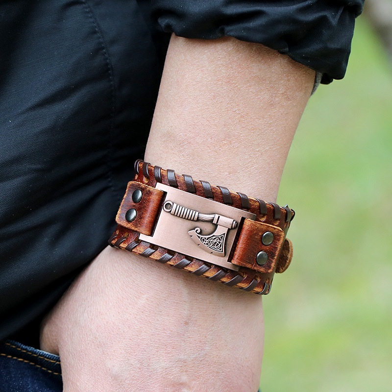 [Z H Perhiasan] Hip Hop Rock Retro Pria Fashion Stainless Steel Viking Rune Gelang Kulit Pesta Perhiasan Aksesoris
