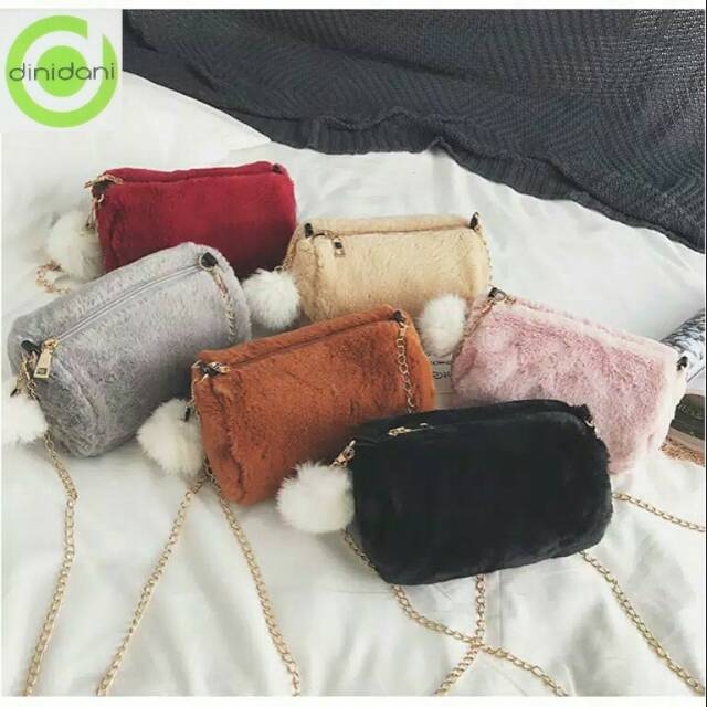 RULLY Sling Bag TAS SELEMPANG BULU LEMBUT IMPORT TERMURAH Ladies Crossbody FREE POMPOM