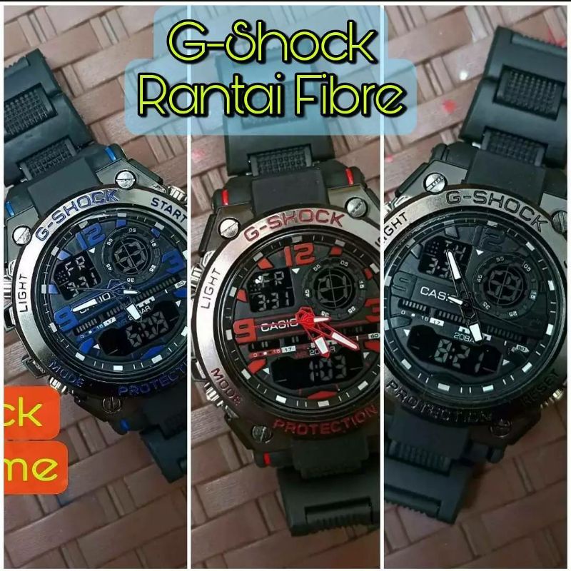 Jam G-shock rantai fibre dan tali karet - 2 waktu - Gshock rantai mika