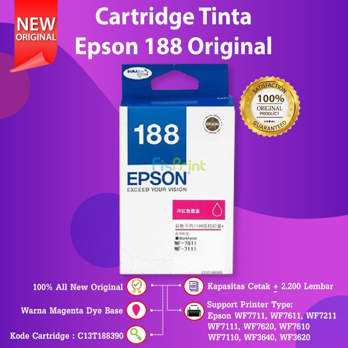 Cartridge Tinta Epson 188 C13T188 Printer WF7711 WF7611 WF7610 WF7612 Black Cyan Magenta Yellow