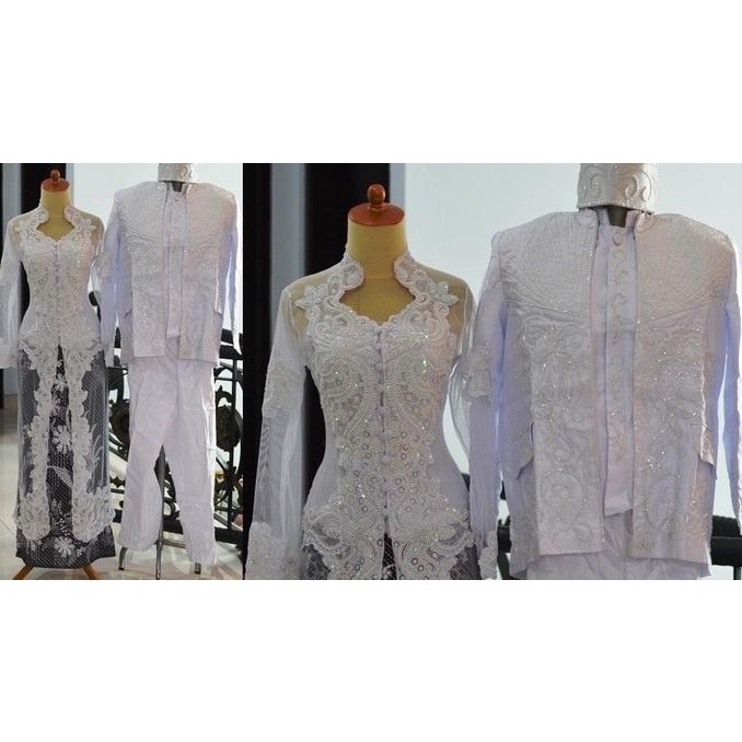 Baju akad nikah couple kebaya putih rok batik selop jas beskap lengkap