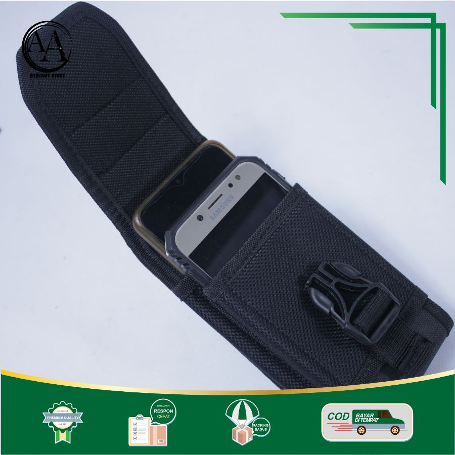 [TEMPAT HP DOUBLE SLOT 6,7 in &amp; 6,5 in] Tempat Sarung HP Pinggang KANVAS TACTICAL bonus Logo karet Atribut Satpam Security TNI