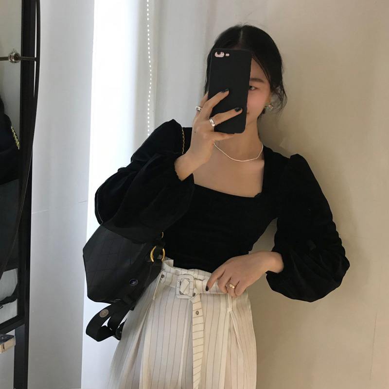 Blus Square Neck Lengan Puff Panjang Warna Hitam Gaya Korea Untuk Wanita