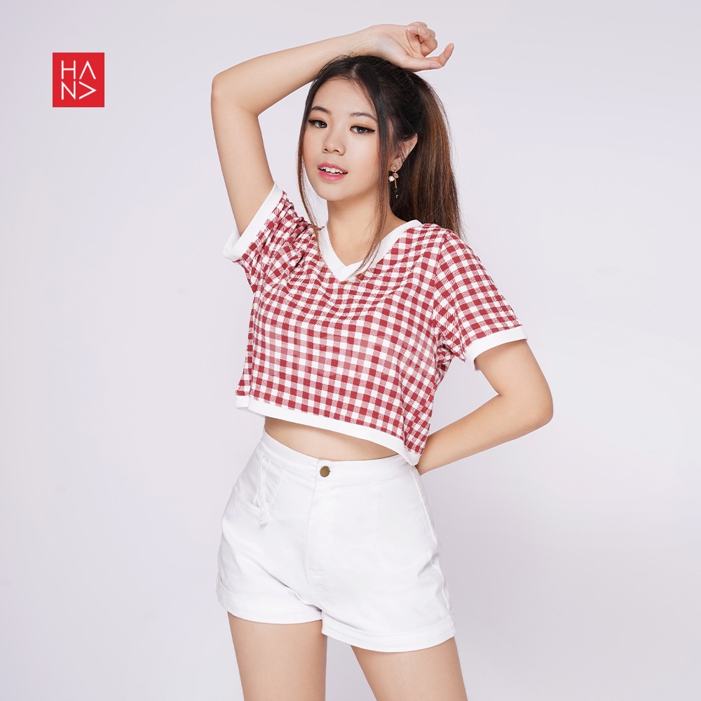 HanaFashionJKT - Jiso V-neck Chekered Cute Korean Crop Top Atasan Wanita - CT286