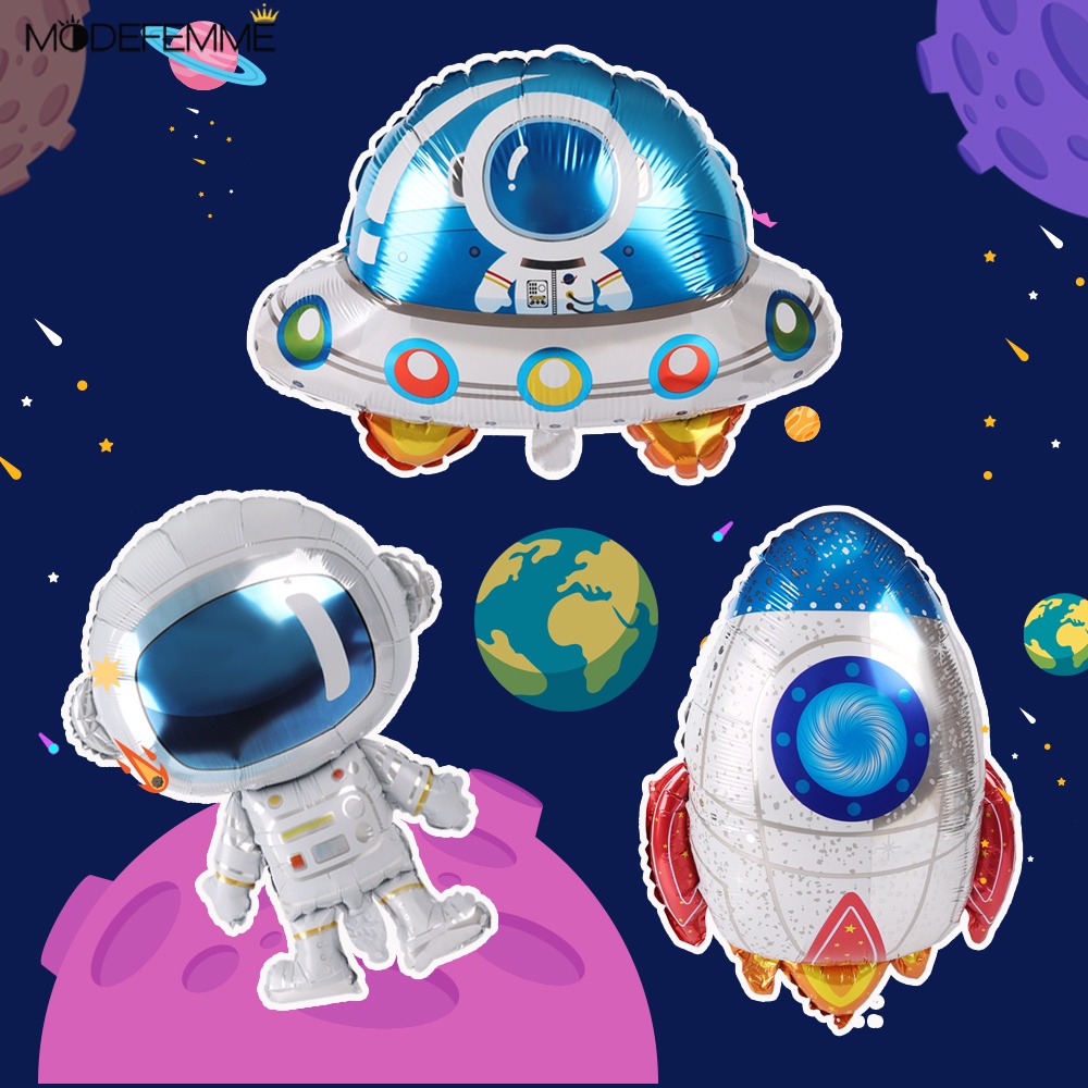 Ornamen Balon Bentuk Ufo Spaceman Rocket 4D Bahan Aluminum Foil Untuk Dekorasi Pesta Ulang Tahun Anak