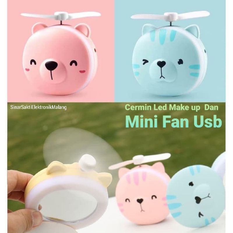 Cermin Lampu LED Mini Fan USB Lipat / Kaca Makeup Kipas Angin Karakter