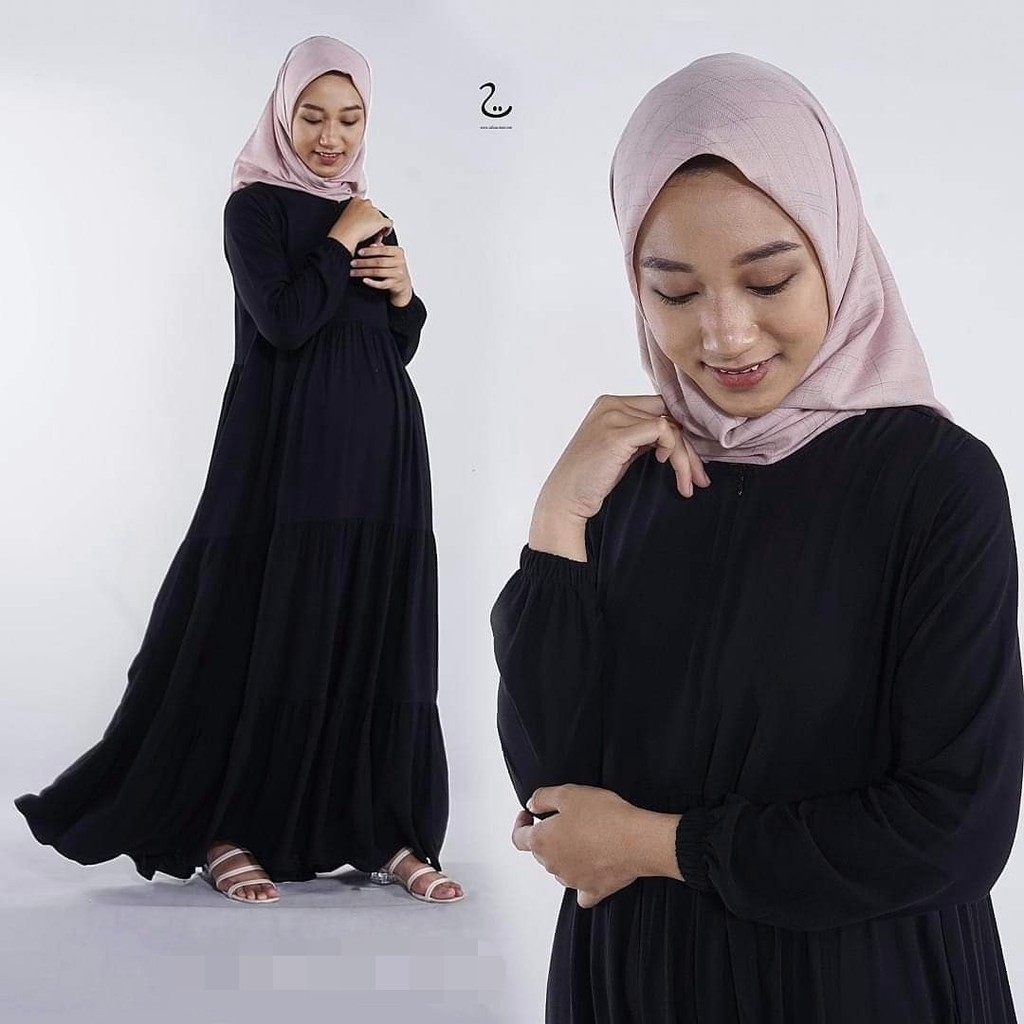 Gamis Syari Qirara Umroh Wanita Remaja Busui Pesta Lebaran Polos Putih Hitam Kekinian Bahan Rayon Pr