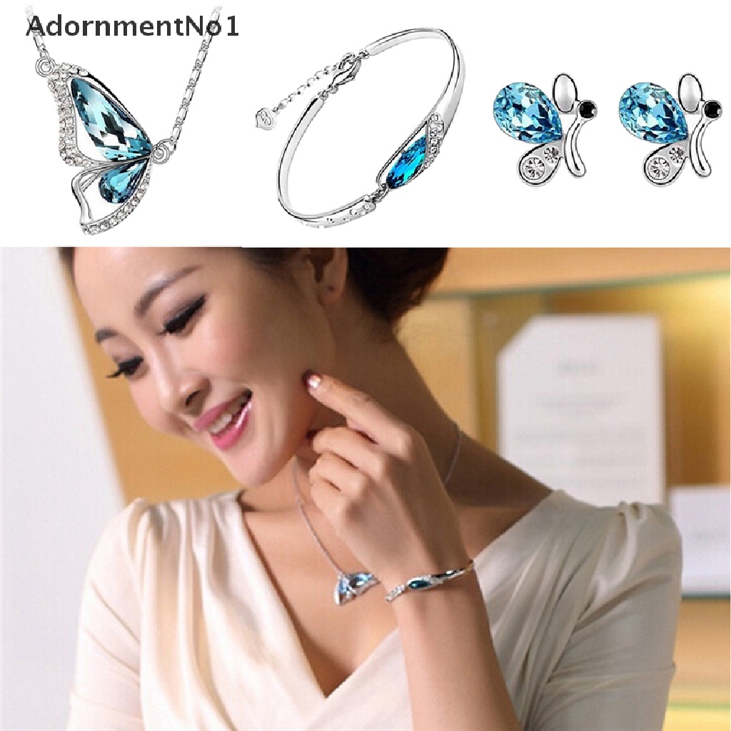 (AdornmentNo1) Set Perhiasan Kalung + Anting + Gelang Kristal Butterfly Untuk Wanita