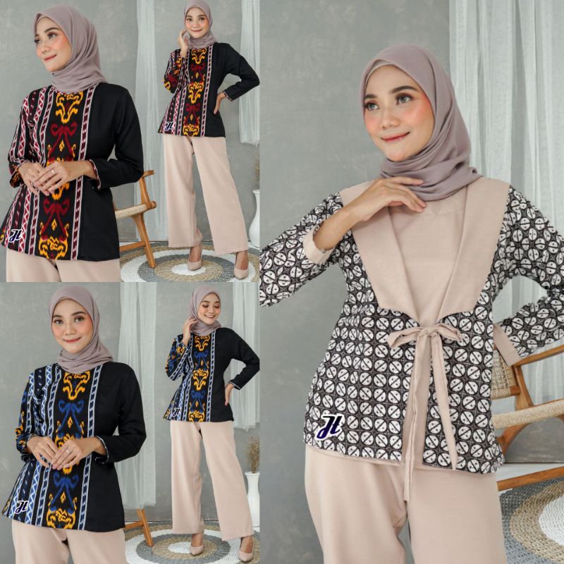 Harga Gila Ori Atasan Blus Batik Wanita Modern Halus Dolby Kombinasi Brokat Polos OL8epRF331Kqmg