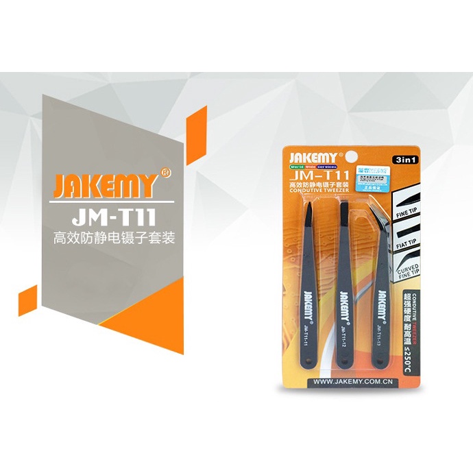 JAKEMY JM-T11 3 in 1 Professional Anti-static Tweezers Kit Repair Tool / Tang Penjepit Set Jakemy High Anti Static Tweezers Suit - JM-T11 / Jakemy High Anti Static Tweezers Suit - JM-T11