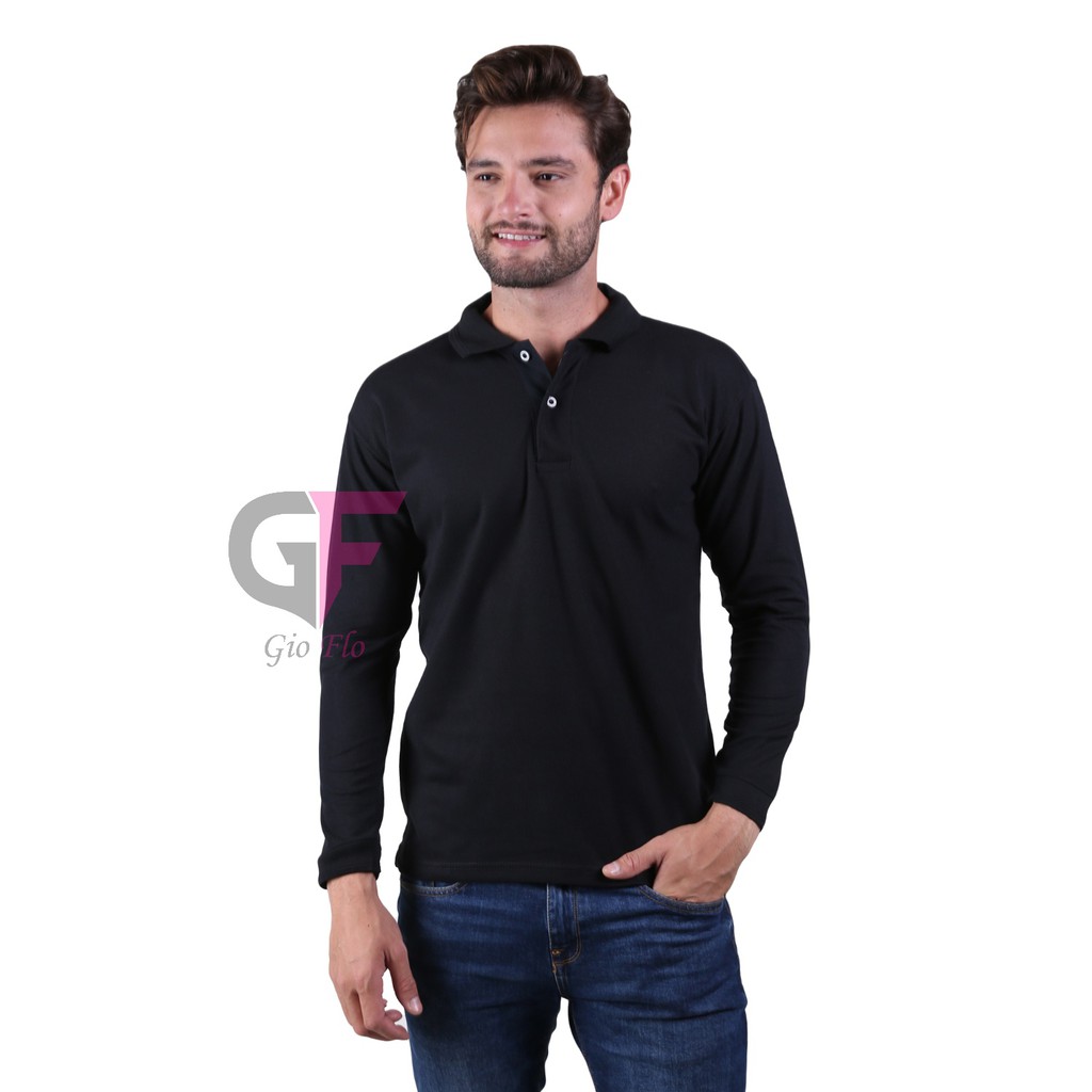 GIOFLO Kaos Kerah Polos Panjang Polo Shirt Lengan Panjang Pria Hitam / PLS 60