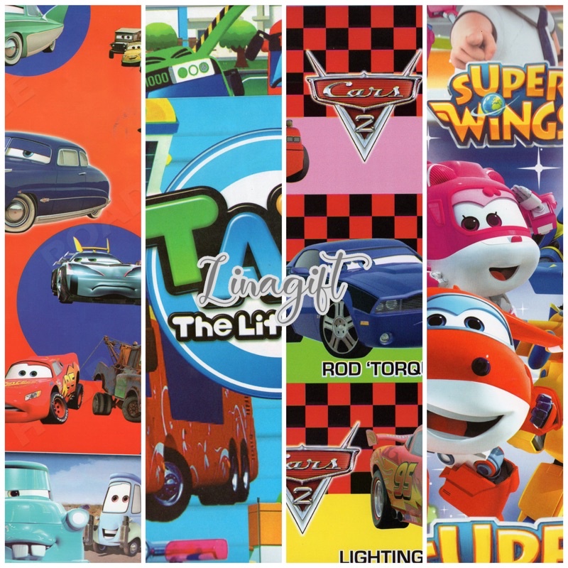 ( 5 Lembar ) SR BOYS - KERTAS KADO GLOSY - GIFT WRAP PAPER ULANG TAHUN HAPPY BIRTHDAY CARS SUPERWINGS TAYO THE BUS MCQUEEN